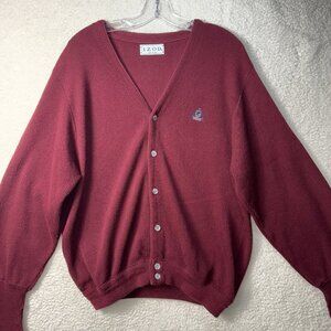 Vtg 90's Izod Cardigan Sweater Burgundy Red Large USA Made Crest Grandpa Acrylic